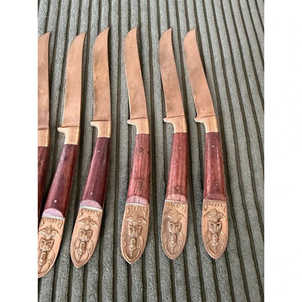 Vintage Set of 8 Beng Hwa Made in Siam Brass Handle Wood Blade‎ Steak Knives MCM